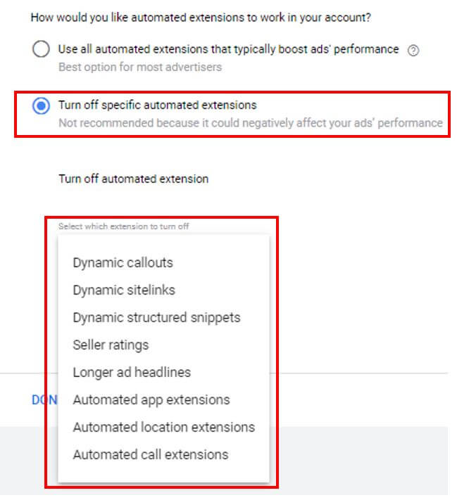 Turn Off Specific Automated Ad Extensions