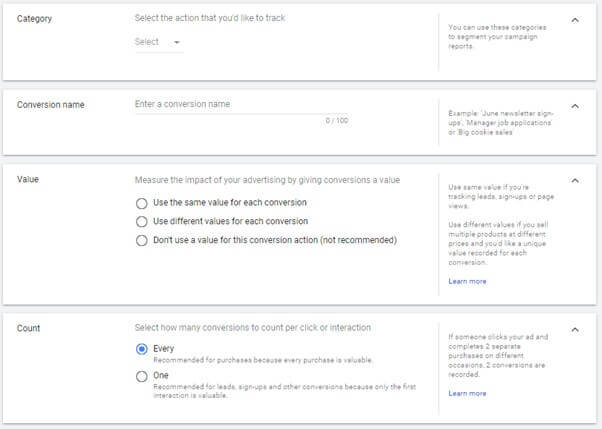 Conversion Tracking Creation Settings