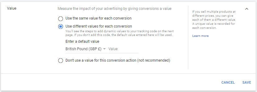 Conversion value for revenue tracking